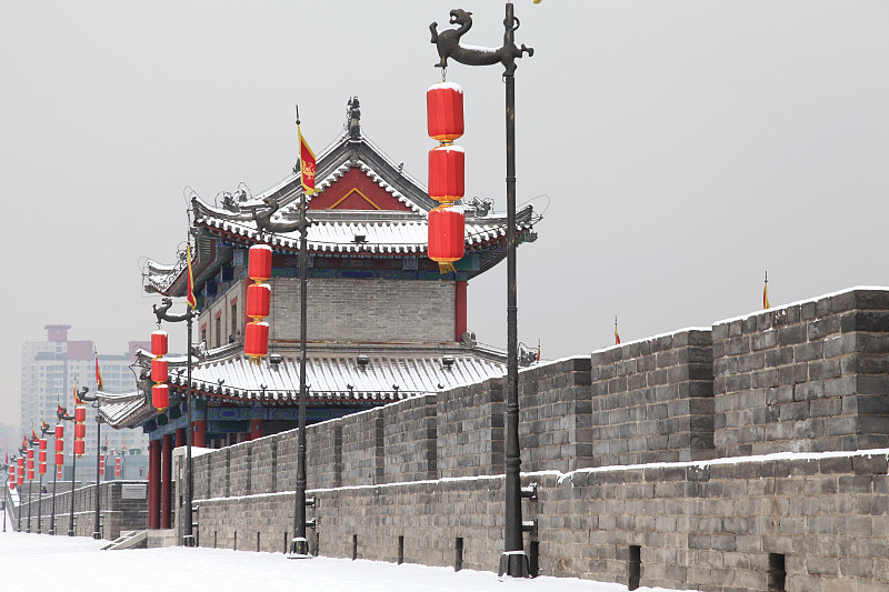 陕西省,西安,围墙,白昼,雪,拍摄场景,成一排,灯笼,水平画幅,东亚
