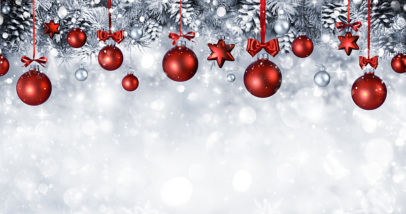雪,球体,悬挂的,枝,杉树,球,圣诞卡,水平画幅,银色
