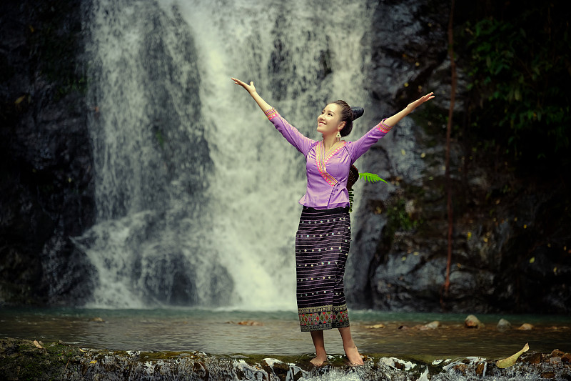 老挝,自然,女人,衣服,肖像,瀑布,传统服装,概念,美,水平画幅