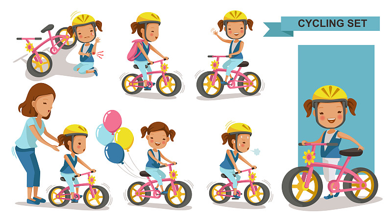 骑自行车,女孩,水平画幅,进行中,父母,绘画插图,单身母亲,气球,夏天,户外