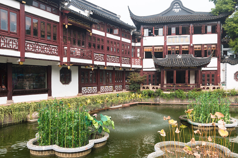 上海豫园,水,天空,水平画幅,传统,古老的,户外,图像,亭台楼阁,彩色图片