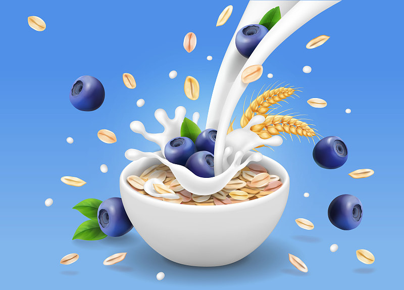 绘画插图,蓝莓,牛奶,燕麦,浆果,麦片,市场营销,奶制品,果汁,饮料