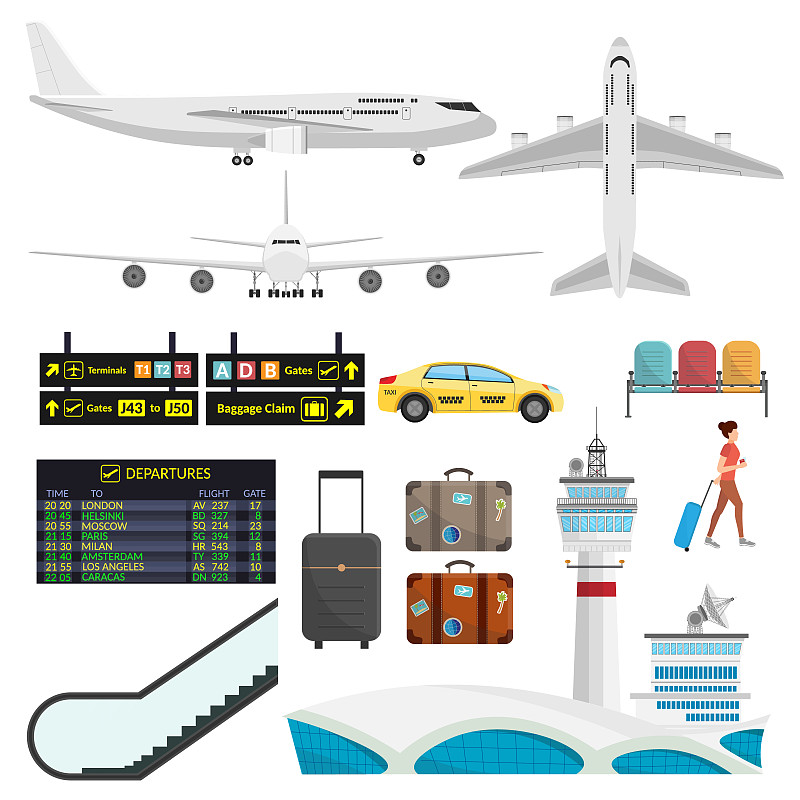 机场,巨大的,组物体,绘画插图,进出港显示牌,旅行者,安全,模板,入学注册,机舱乘务员