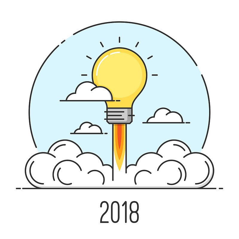 新的,新创企业,线条画,概念,2018,平坦的,新年前夕,高雅,贺卡,商务策略