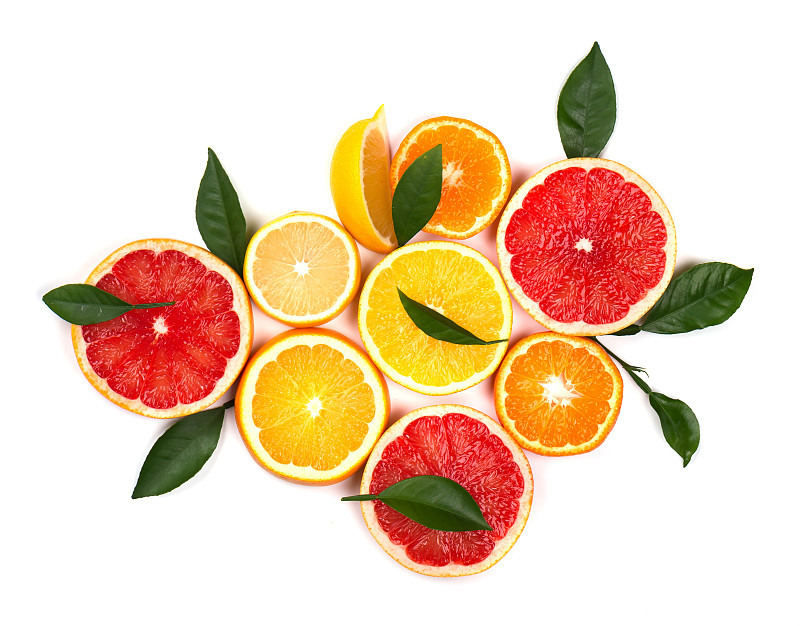柠檬,分离着色,切片食物,酸橙,橙子,白色背景,背景分离,柑橘属,粉柚,上装