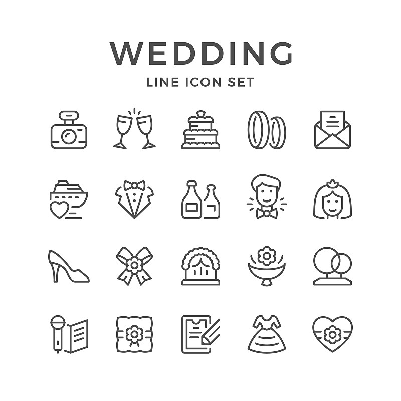 婚礼,计算机图标,成一排,葡萄酒,绘画插图,蛋糕,珠宝,订婚戒指,组物体,套装