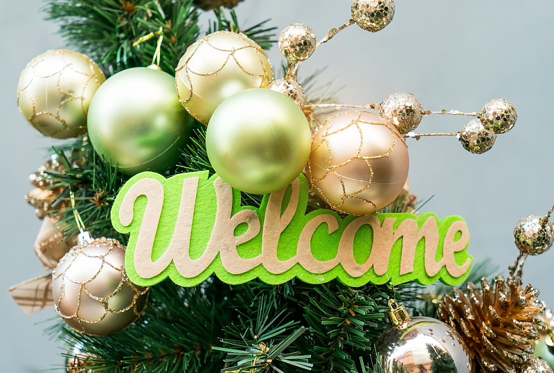 欢迎标志,圣诞树,单词,球体,圣诞装饰,新的,水平画幅,形状,雪