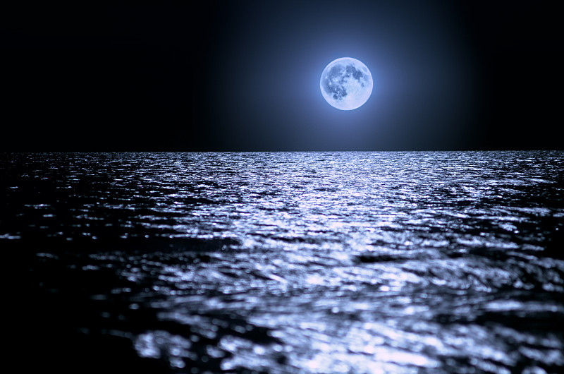 夜晚,海洋,波浪,月球,地平线,月光,巨大的,在上面,水,天空
