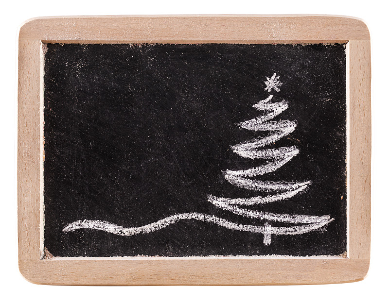 黑板,圣诞树,正面视角,绘画插图,贺卡,留白,想法,白色,十二月,新年