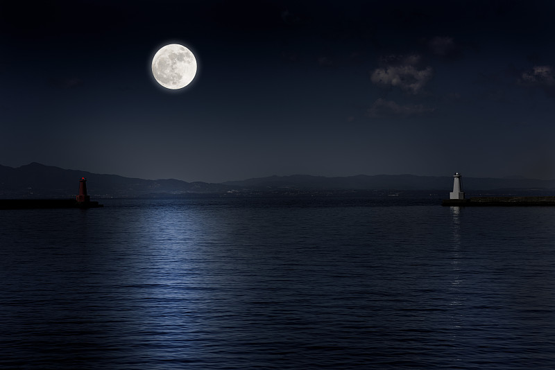 月亮,灯塔楼,海洋,充满的,在上面,水,水平画幅,夜晚,无人,曙暮光