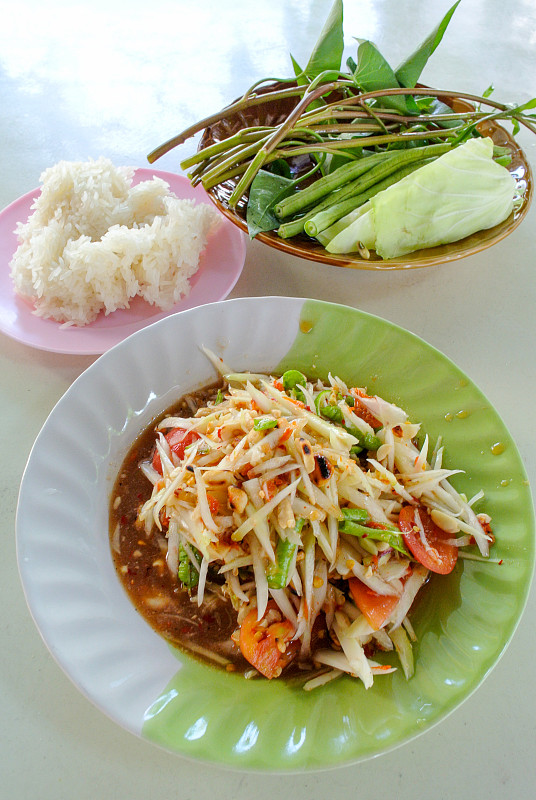泰国,沙拉,木瓜,印度香米,垂直画幅,开胃品,膳食,特写,西红柿,肉