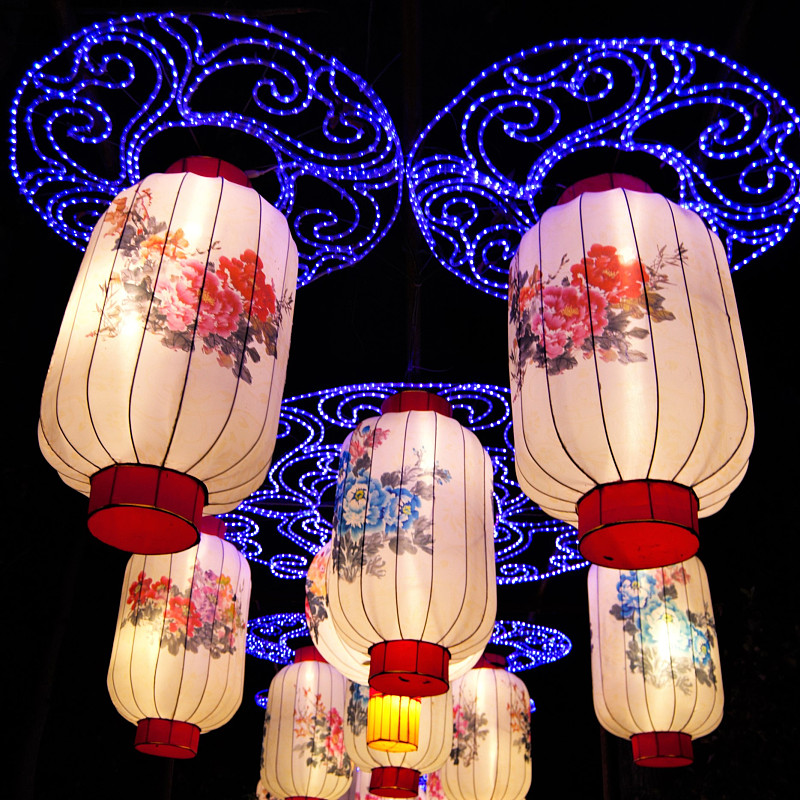 中国灯笼,染红的头发,中国元宵节,元宵节,在下面,向上看,晚樱科,美,艺术,灯笼