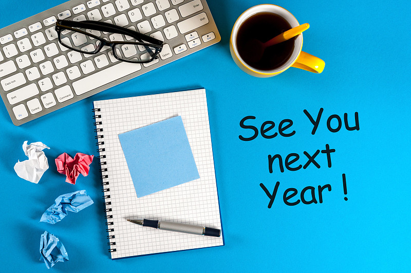 办公室,新年前夕,笔记本,2018,蓝色,桌子,下一个,商务策略,新的,灵感