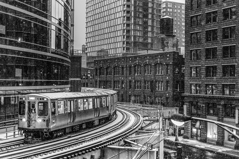 雪,地铁,痕迹,天空,风,水平画幅,云,芝加哥市,古老的,铁轨轨道