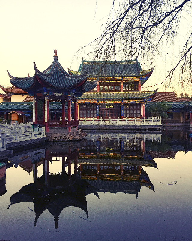 公园,寺庙,昆明,云南省,大特写,水,远古的,天空,留白,艺术