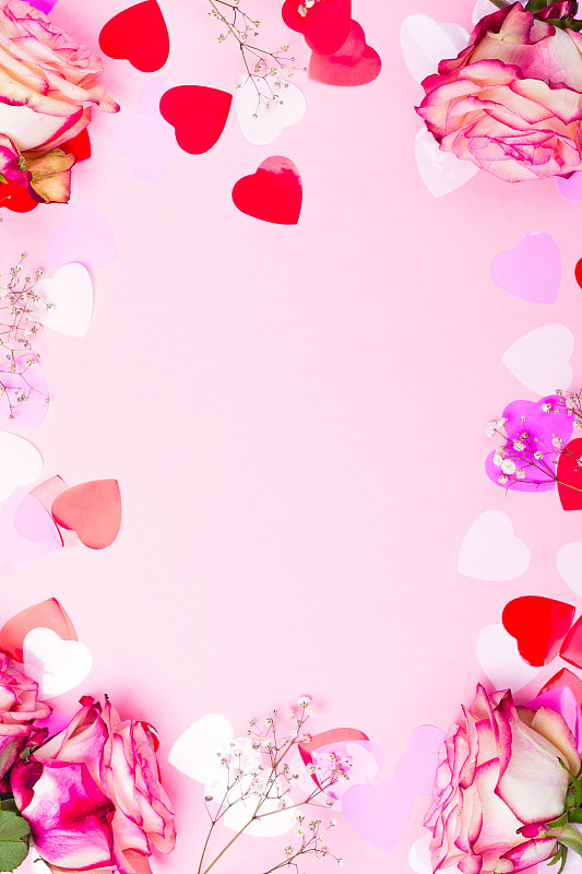情人节,华丽的,粉色,背景,玫瑰,五彩纸屑,动物心脏,自然美,乳癌警示丝带,垂直画幅