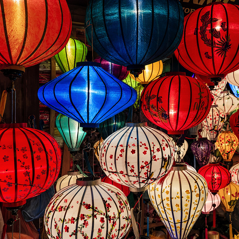 悬挂的,会安,灯笼,越南,丝绸,传统,城市,夜晚,宫灯百合,纪念品