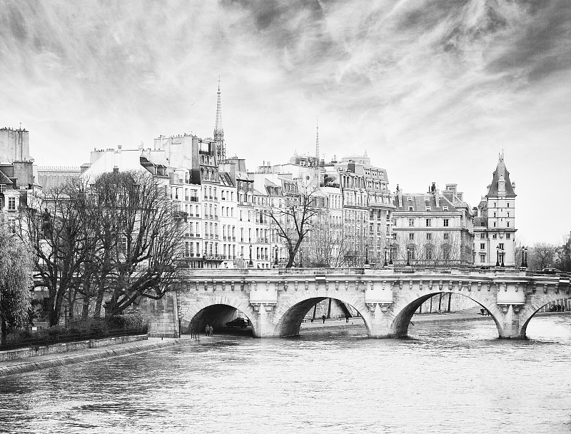古老的,新桥,桥,法国,塞纳河,黑白图片,巴黎,中苏格兰,噪声,站