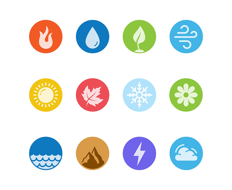 水,泥土,季节,矢量,天气,火,扁平化设计,圆形,半空中,图标集