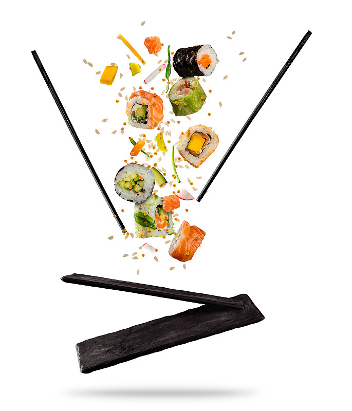 寿司,盘子,石材,木制,白色背景,筷子,分离着色,切片食物,日本食品,融合菜