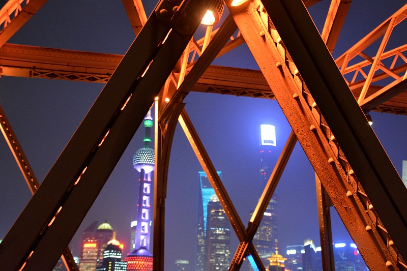 陆家嘴,上海,城市天际线,外白渡桥,室内过夜,天空,水平画幅,夜晚,无人,桁架桥