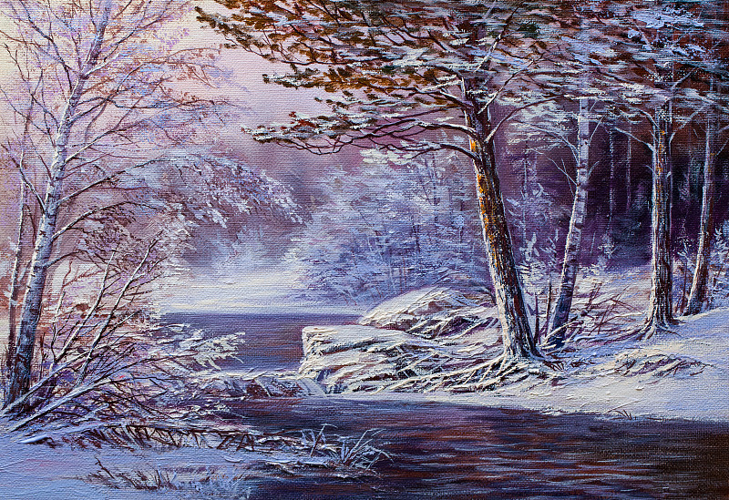 河流,森林,绘画插图,贺卡,艺术家,新的,艺术,水平画幅,雪