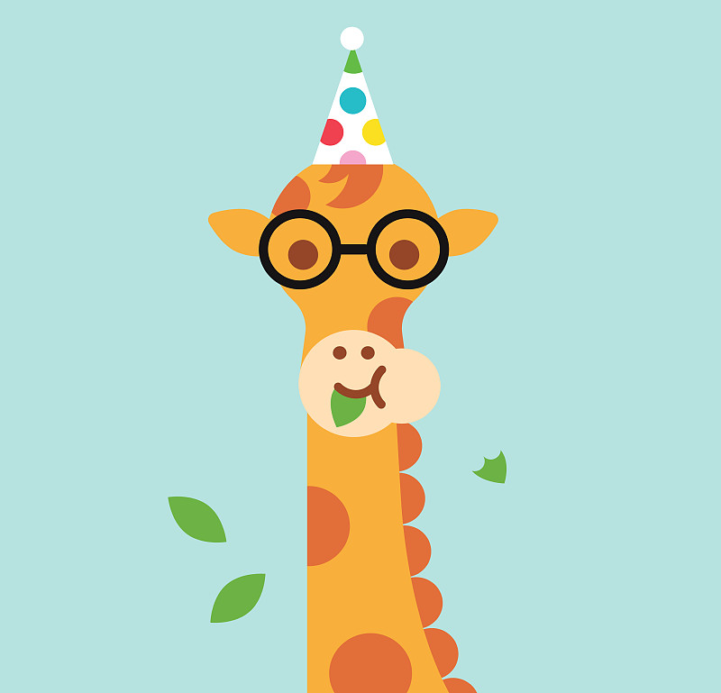 长颈鹿,绿色背景,褐色,水平画幅,进行中,素食,派对帽,绘画插图,性格,气球