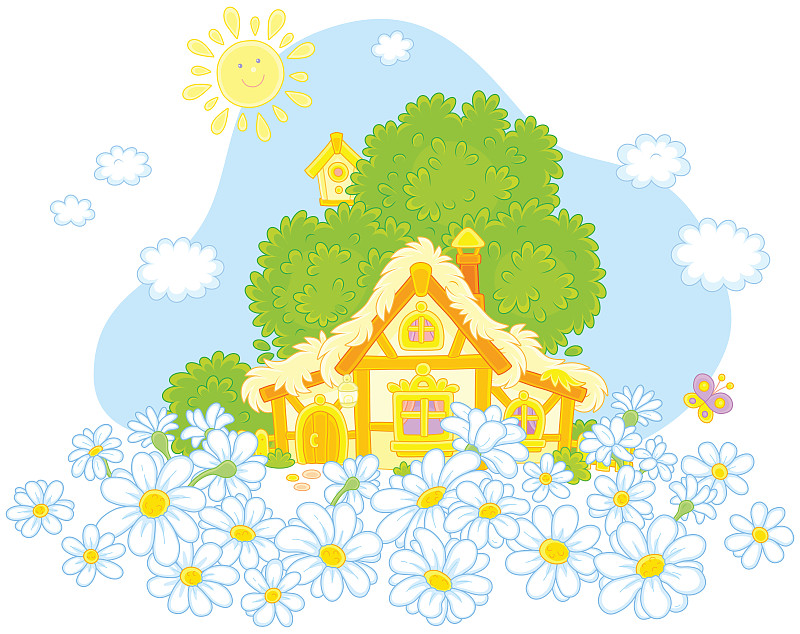 小木屋,雏菊,白色,复活节,水平画幅,云,茅屋屋顶,绘画插图,俄罗斯别墅,夏天