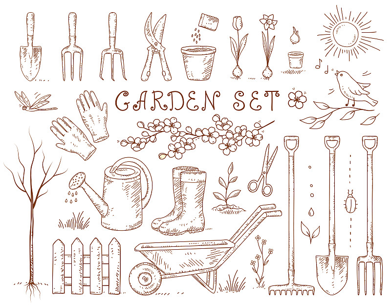 园艺器具,春天,举起手,郁金香,绘画插图,夏天,草,靴子,害虫,甲虫