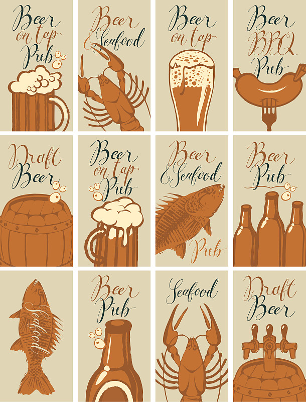 啤酒,名片,主题,垂直画幅,绘画插图,古典式,海产,标签,含酒精饮料