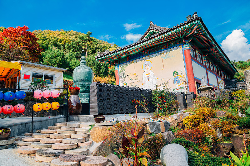 寺庙,传统,古老的,建筑,龙仁市,壁画,枫树,南,韩国,神