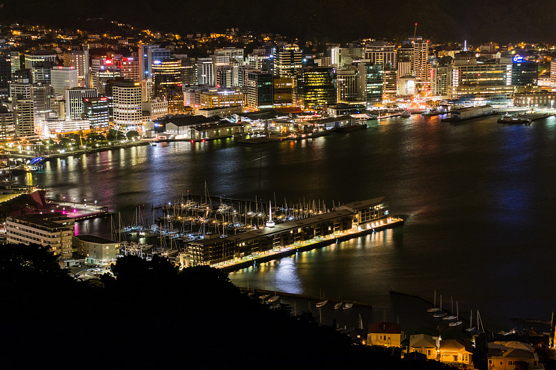 夜晚,惠灵顿港,水,维多利亚山,旅游目的地,水平画幅,高视角,无人,海港,城市天际线