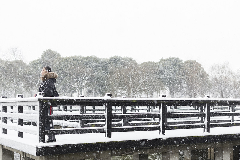 雪,桥,仅一个女人,木制,宁静,水,天空,美,公园,水平画幅