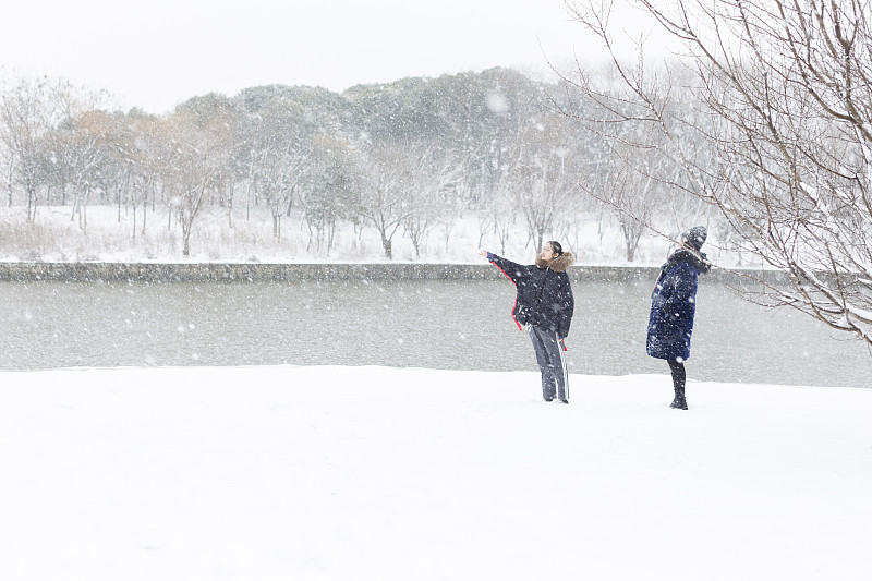 雪,厚衣服,友谊,女性,衣服,青少年,公园,休闲活动,水平画幅,户外