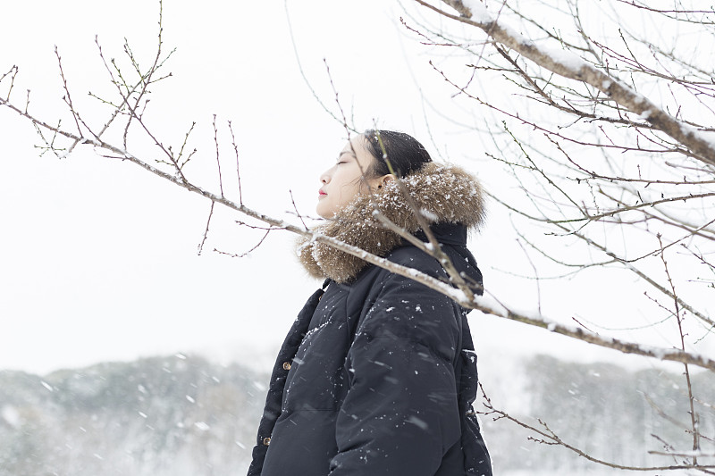 雪,自然美,注视镜头,女人,18岁到19岁,闭着眼睛,无忧无虑,向上看,半身像,寒冷