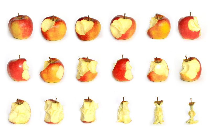 苹果,咬一口,苹果核,顺序系列,多帧影像,咬过,水平画幅,无人,生食,组物体