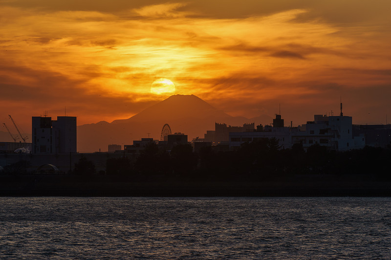 富士山,在上面,天空,水平画幅,云,无人,户外,荒川河,都市风景,风景