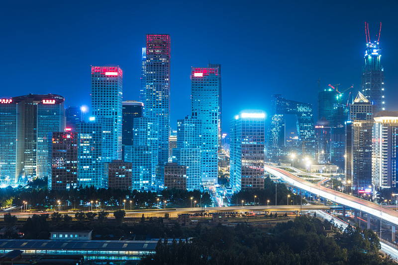 北京,夜晚,朝阳区,桥,高大的,交通,运动模糊,天空,水平画幅,高视角