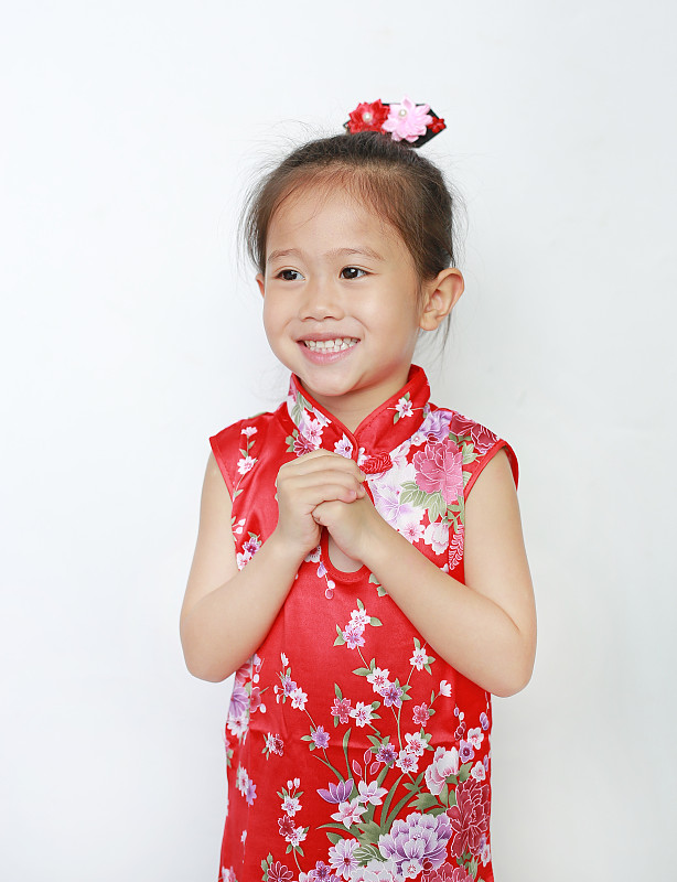 旗袍,儿童,幸福,小的,做手势,红色,亚洲,女孩,问候,庆祝
