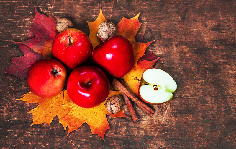 留白,苹果,叶子,季节,秋天,木制,红色,概念,收获节,背景