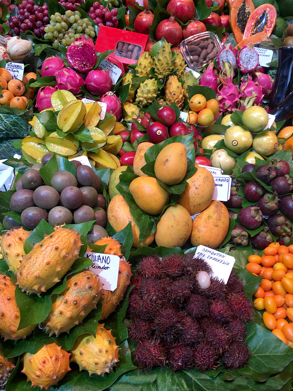 博克利亚市场,巴塞罗那,饮食,水果,卡瓦尼果,红毛丹,杨桃,山竹,金橘,西番莲