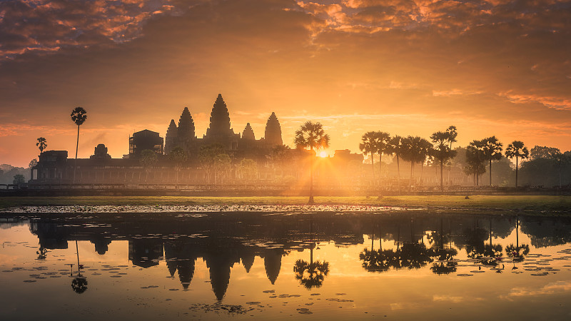 柬埔寨,黎明,寺庙,暹粒,远古的,风景,复杂性,吴哥窟,纪念碑,水