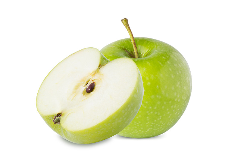 苹果,绿色,白色背景,一半的,完整,分离着色,素食,夏天,完美,甜点心