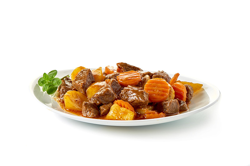 胡萝卜,肉,焖菜,白色背景,分离着色,餐具,褐色,水平画幅,无人,块状
