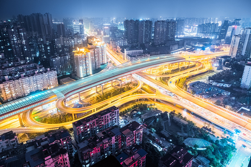 夜晚,城市,航拍视角,水平画幅,高视角,无人,交通,户外,光,都市风景