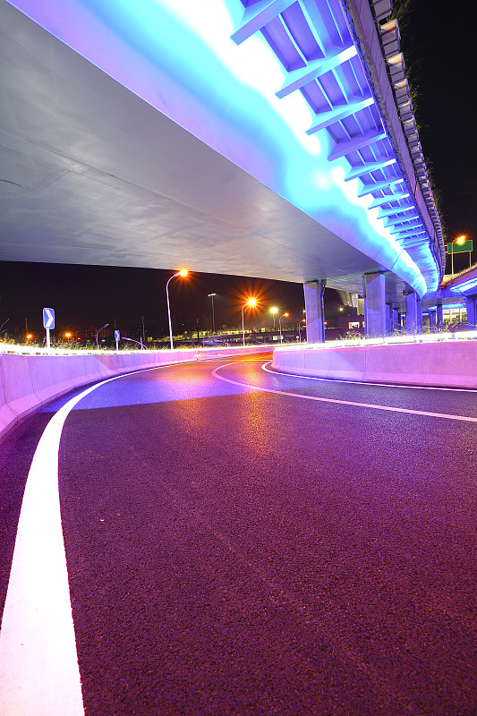 夜晚,霓虹灯,桥,城市,高架桥,空的路,室内地面,垂直画幅,无人,市区路