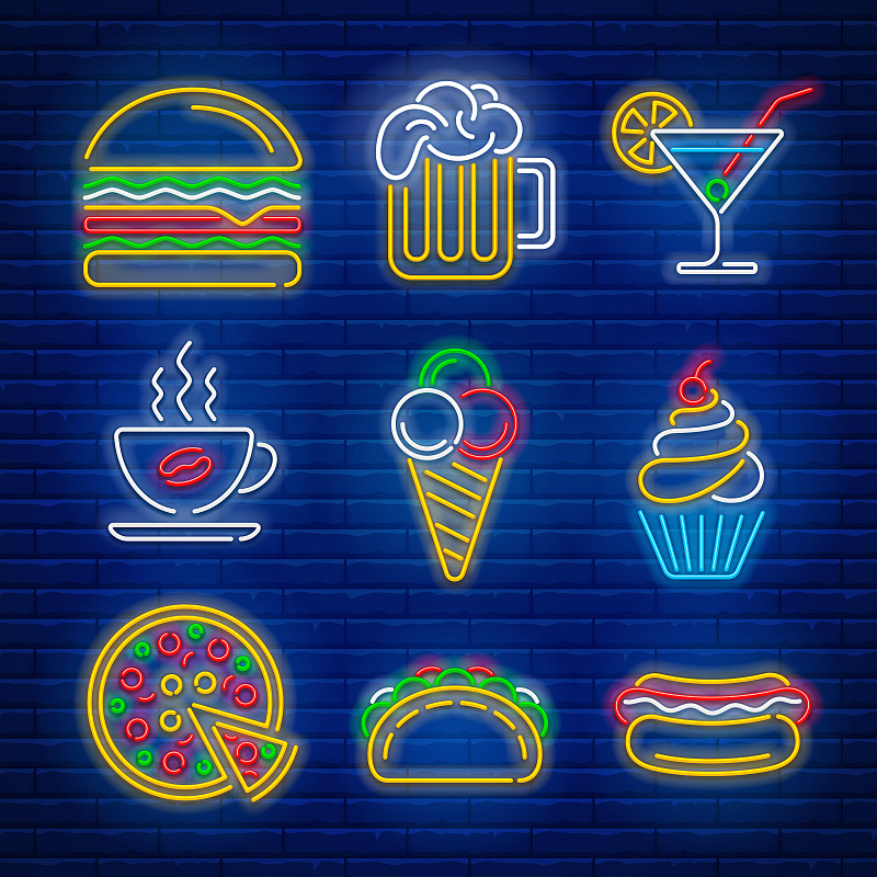 霓虹灯,迅速,饮食,玉米饼,砖,复古风格,甜点心,路边,布告栏