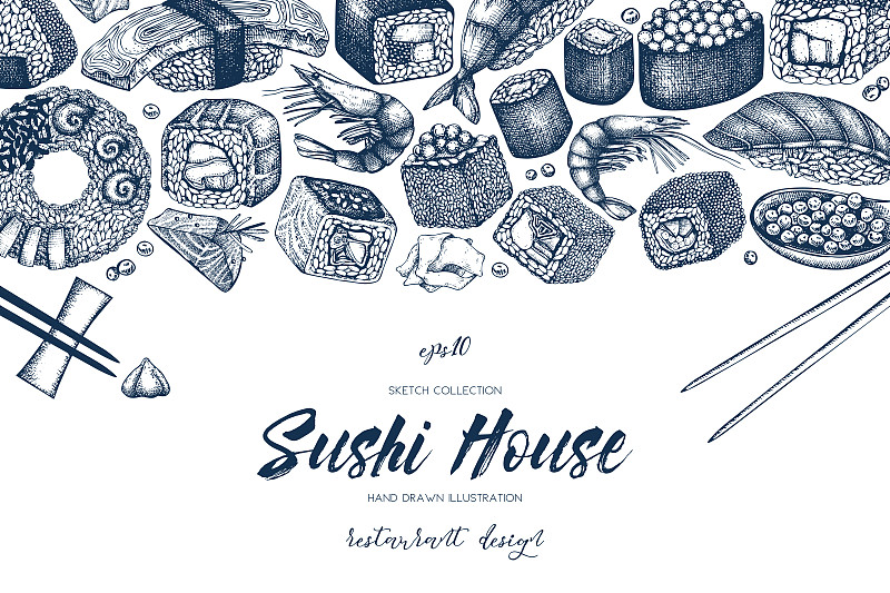 菜单,寿司,绘画插图,边框,水平画幅,传统,古典式,海产,生姜,海鳗