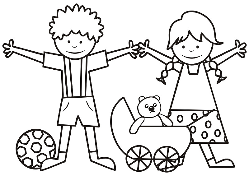 儿童,玩具,幸福,男孩,女孩,彩色书,球,绘画插图,学龄前,折叠童车