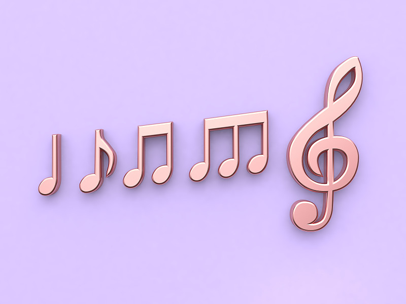 紫色背景,三维图形,金属质感,紫色,音乐,极简构图,铜,音符,按键,水平画幅